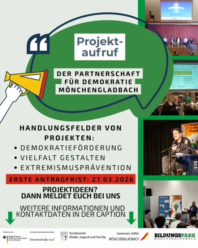 Ab sofort können Anträge für Projekte 2026 bei der Partnerschaft für Demokratie Mönchengladbach eingereicht werden.
Gefördert werden Projekte in den Bereichen Vielfaltgestaltung, Extremismusprävention und Demokratieförderung – mit besonderem Fokus auf Kommunales Konfliktmanagement und Demokratieskepsis.

📅 Antragsfrist: 27.03.2026
💬 Beratungsgespräch erforderlich
📌 Projektstart frühestens ab Mitte/Ende Mai.

Weitere Infos findet ihr auf der Webseite oder per Mail: demokratie.leben@dekull.de
#demokratieleben #mönchengladbach #pfd #förderung #projektförderung
